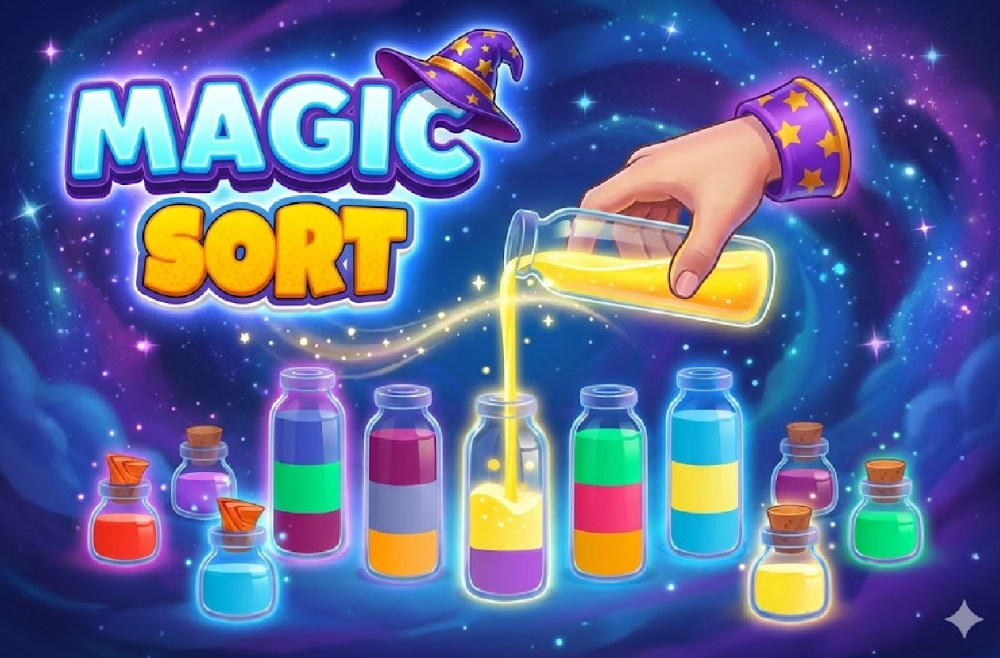 Screenshot of Magic Sort puzzle gameplay with colorful tubes